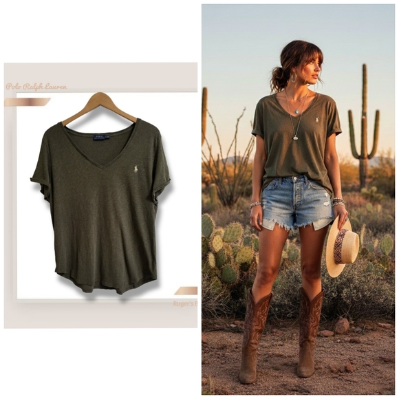 🌿Polo Ralph Lauren Women's XL Heathered Olive Green V-Neck T-Shirt Top - Picture 1 of 11